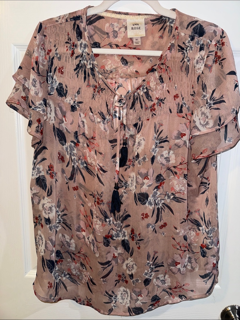 Enfocus Studio Mauve Floral Short Sleeve Tassel Tie Blouse